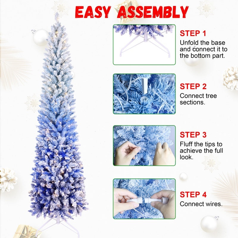 Pencil Christmas Tree Snow Flocked Gradient Blue