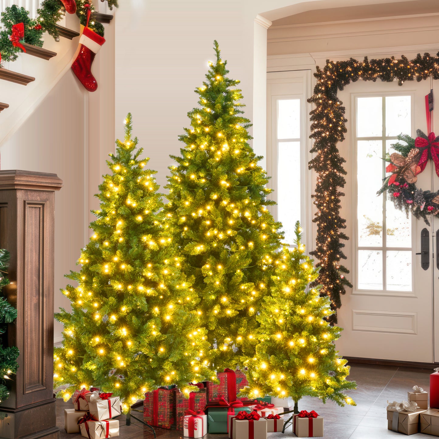 8ft, 6ft, 4ft Pre-Lit Green Pine Artificial Christmas Tree