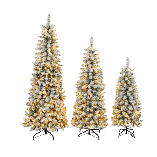 3 Pcs Flocked Artificial Christmas Tree Set With Lights
